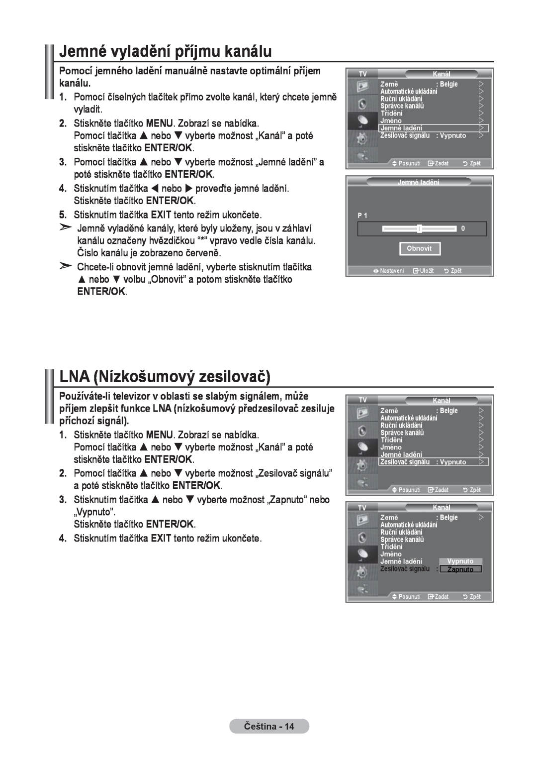 Samsung LE32R8, LE37R8, LE40R8 manual Jemné vyladění příjmu kanálu, LNA Nízkošumový zesilovač 