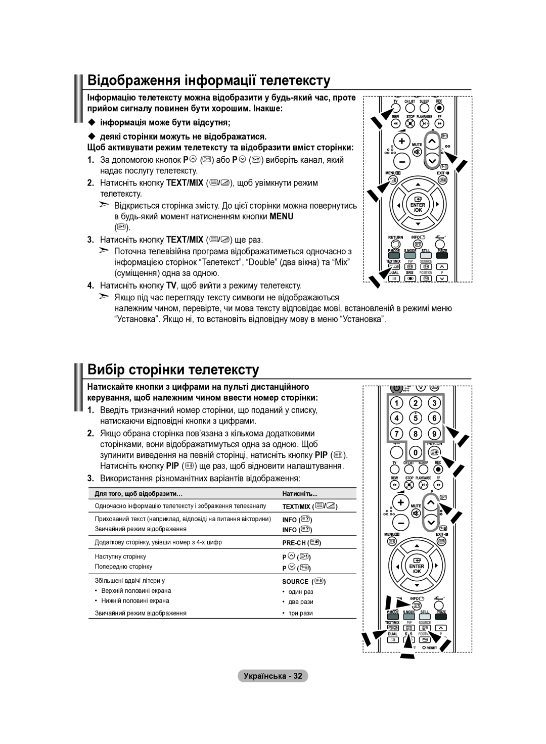 Samsung LE37R83B, LE37R82B Відображення інформації телетексту, Вибір сторінки телетексту, Натисніть кнопку TEXT/MIX ще раз 