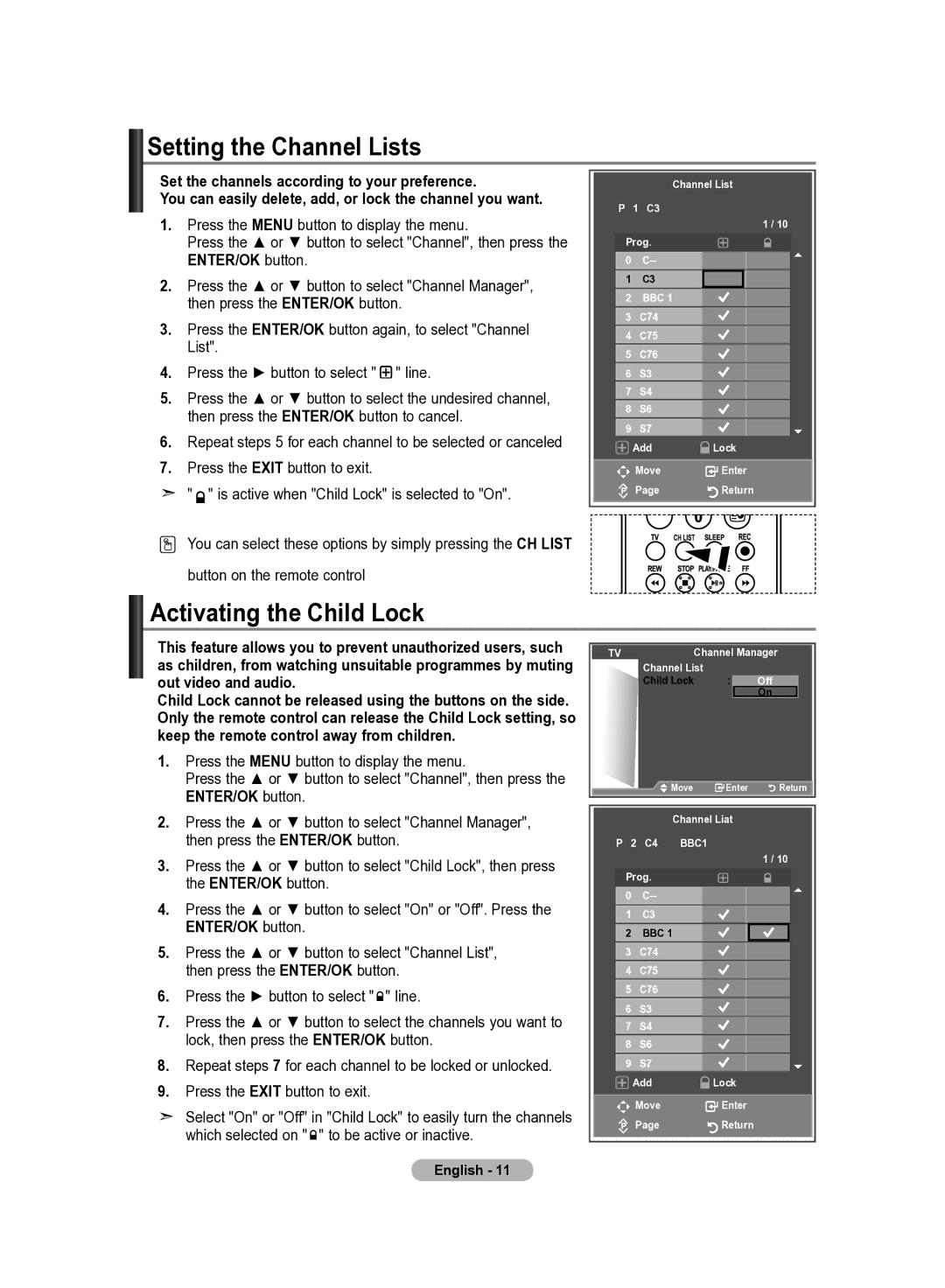 Samsung LE40R83B, LE37R82B, LE37R81B, LE37R83B, LE37R84B, LE40R82B Setting the Channel Lists, Activating the Child Lock, Bbc 