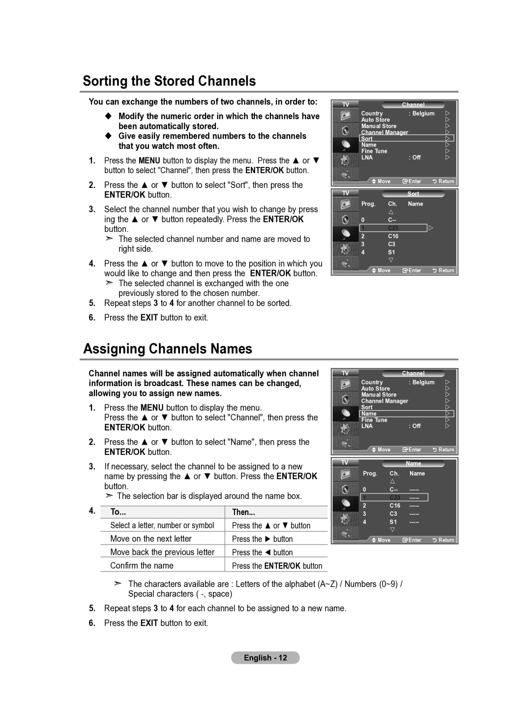 Samsung LE37R82B Sorting the Stored Channels, Assigning Channels Names, Then, Move on the next letter Press the button 