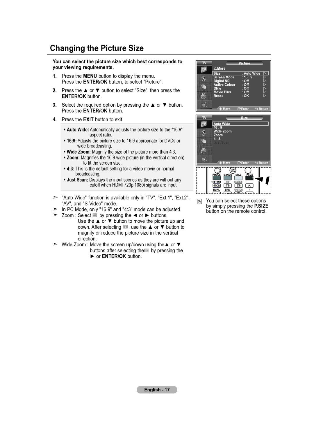 Samsung LE32R83B, LE37R82B, LE37R81B, LE37R83B, LE37R84B, LE40R82B, LE40R84B manual Changing the Picture Size, Or ENTER/OK button 