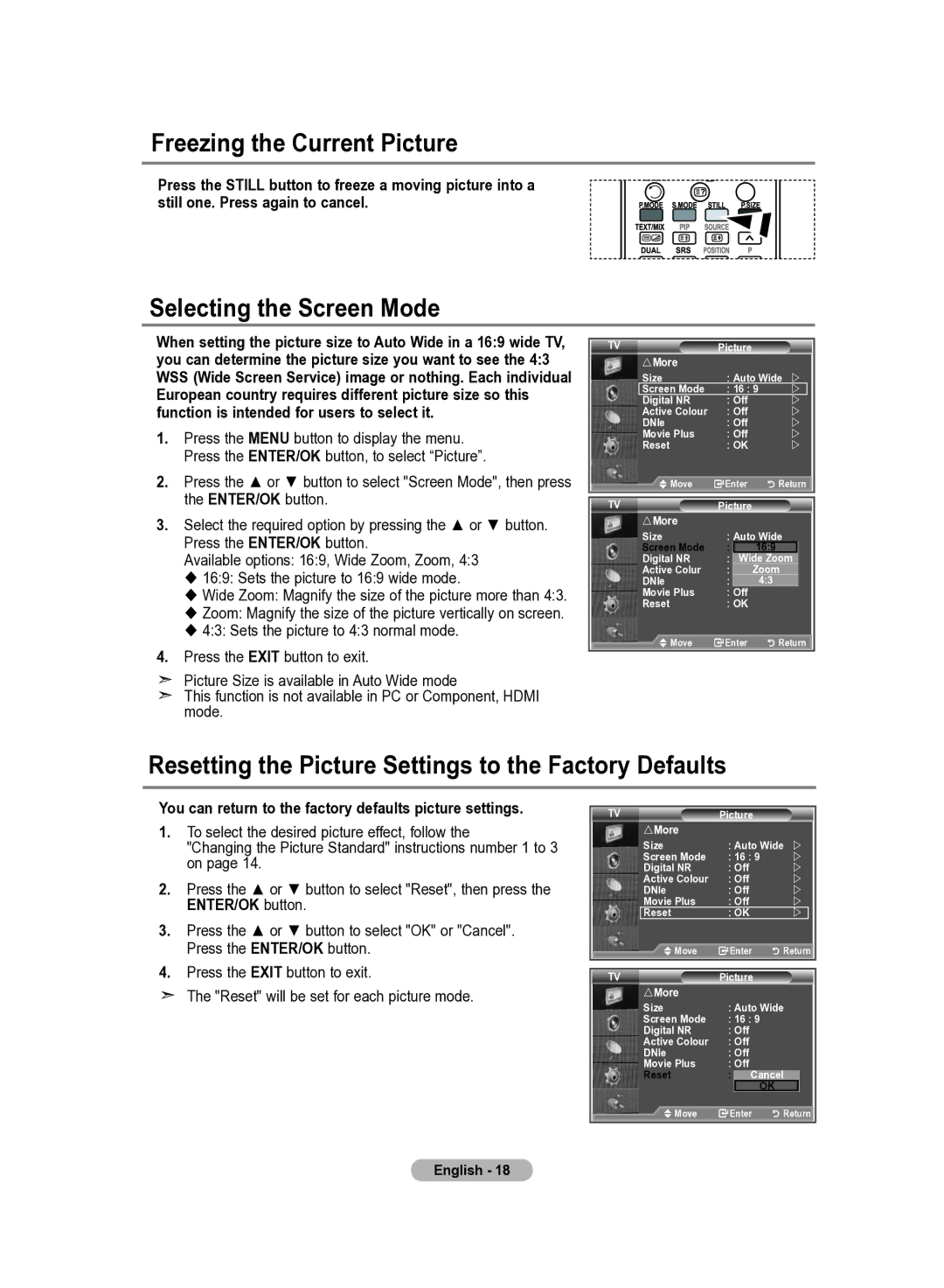 Samsung LE40R84B, LE37R82B, LE37R81B, LE37R83B, LE37R84B, LE40R82B Freezing the Current Picture, Selecting the Screen Mode 