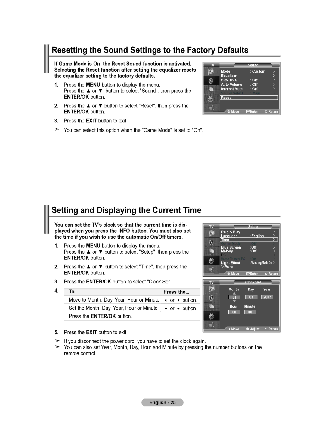 Samsung LE40R83B Resetting the Sound Settings to the Factory Defaults, Setting and Displaying the Current Time, Press 