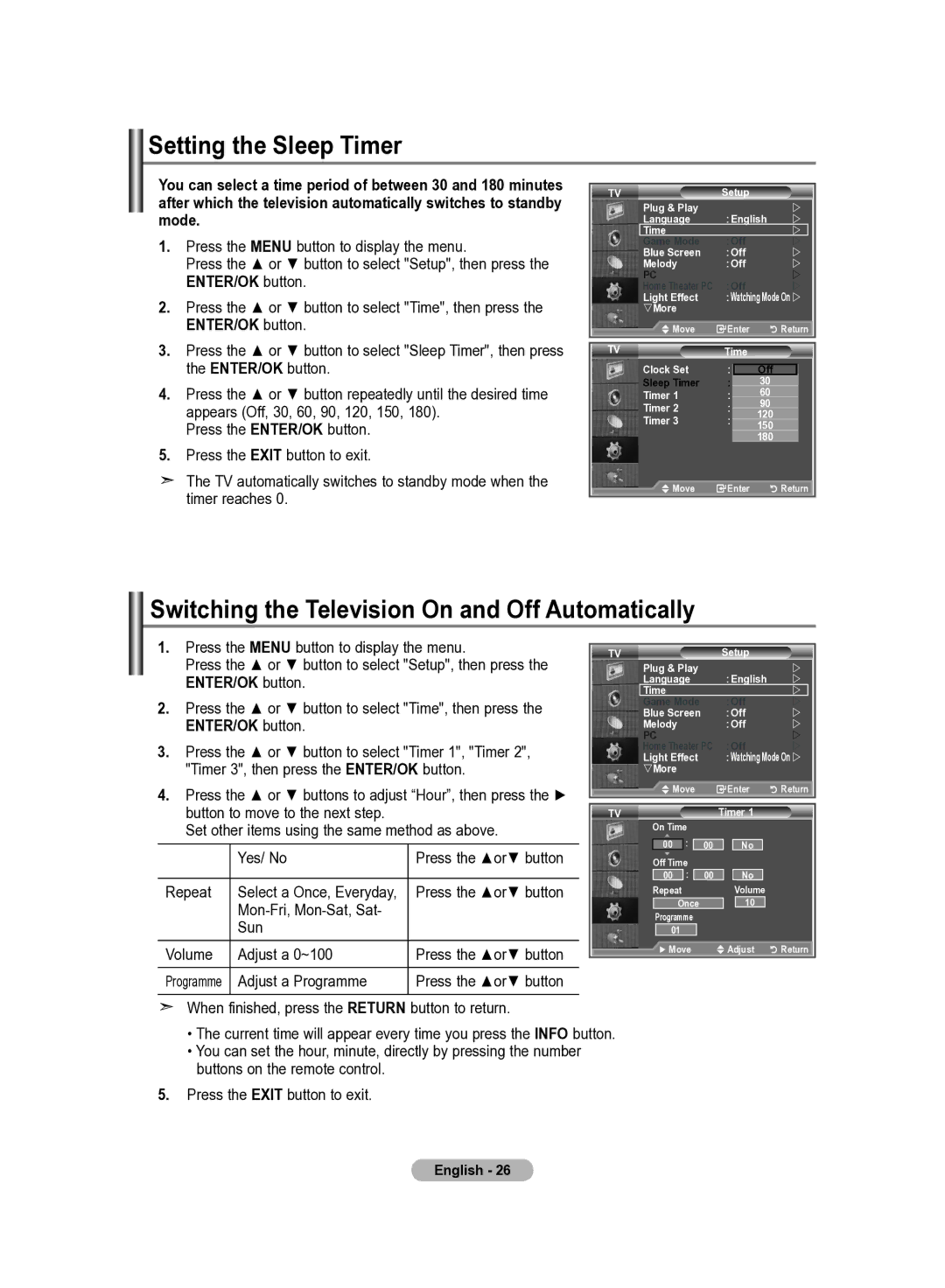 Samsung LE37R82B, LE37R81B, LE37R83B, LE37R84B Setting the Sleep Timer, Switching the Television On and Off Automatically 