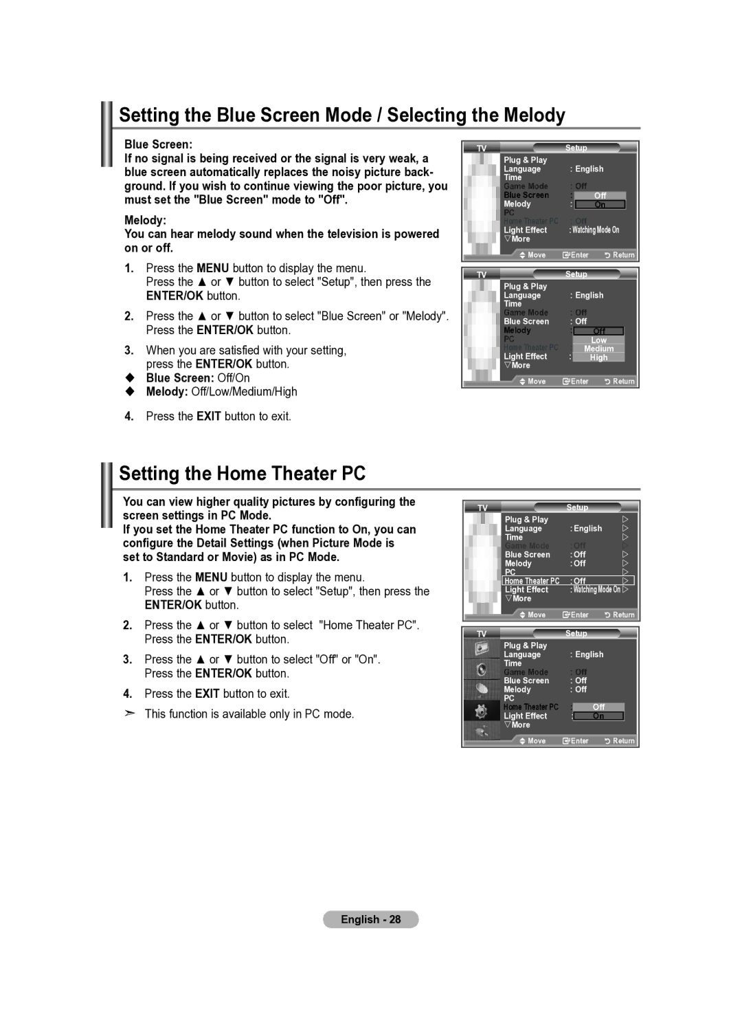 Samsung LE37R83B Setting the Blue Screen Mode / Selecting the Melody, Setting the Home Theater PC,  Blue Screen Off/On 