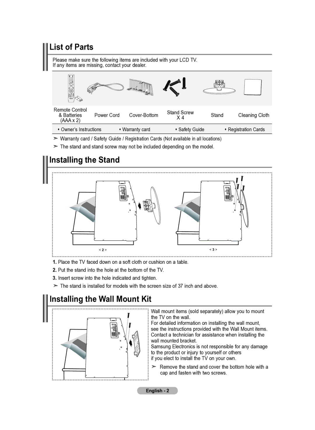 Samsung LE40R82B, LE37R82B, LE37R81B, LE37R83B, LE37R84B List of Parts, Installing the Stand, Installing the Wall Mount Kit 