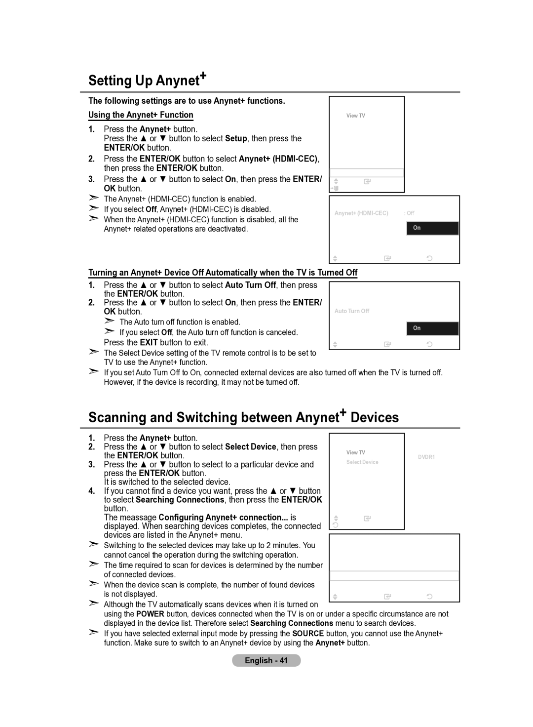 Samsung LE37R81B, LE37R82B, LE37R83B, LE37R84B, LE40R82B Setting Up Anynet+, Scanning and Switching between Anynet+ Devices 