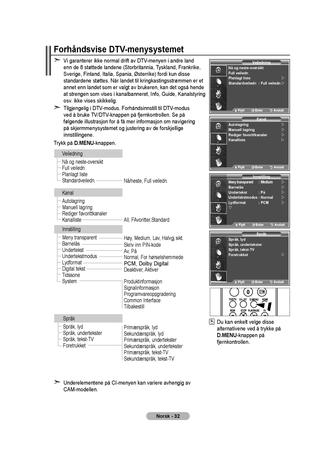 Samsung LE32S6, LE37S6, LE40S6 manual Forhåndsvise DTV-menysystemet 