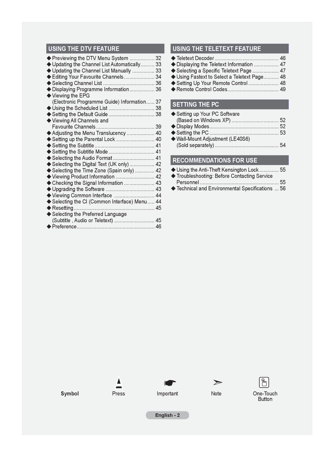 Samsung LE32S6, LE37S6, LE40S6 manual Symbol 