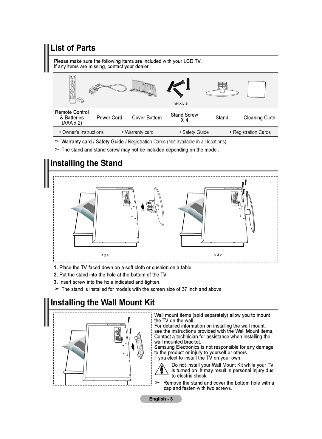 Samsung LE40S6, LE37S6, LE32S6 manual List of Parts, Installing the Stand, Installing the Wall Mount Kit 