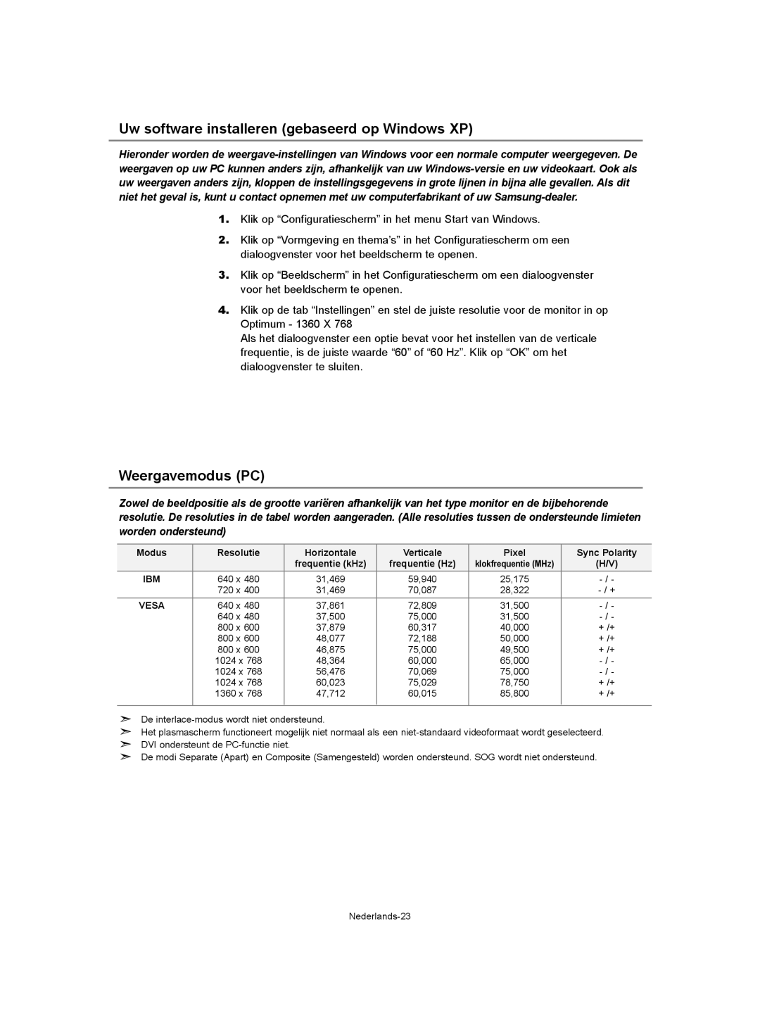 Samsung LE32S62, LE37S62, LE40S62 manual Uw software installeren gebaseerd op Windows XP, Weergavemodus PC 