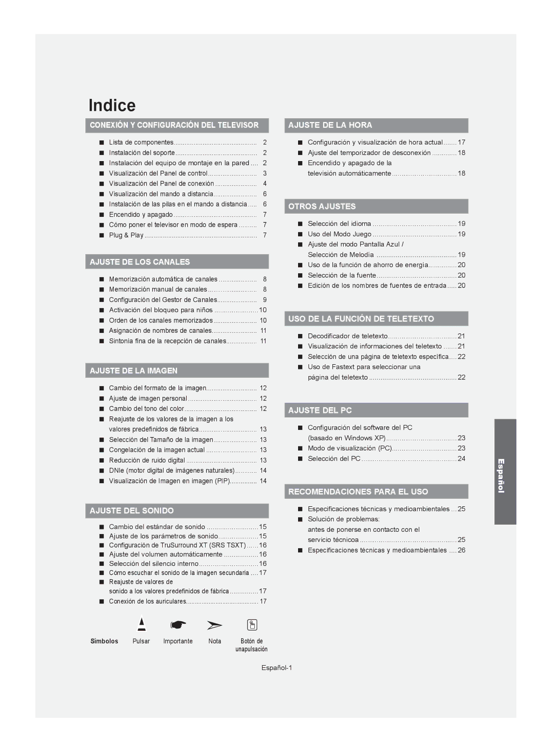 Samsung LE40S62, LE37S62, LE32S62 manual Indice, Símbolos 