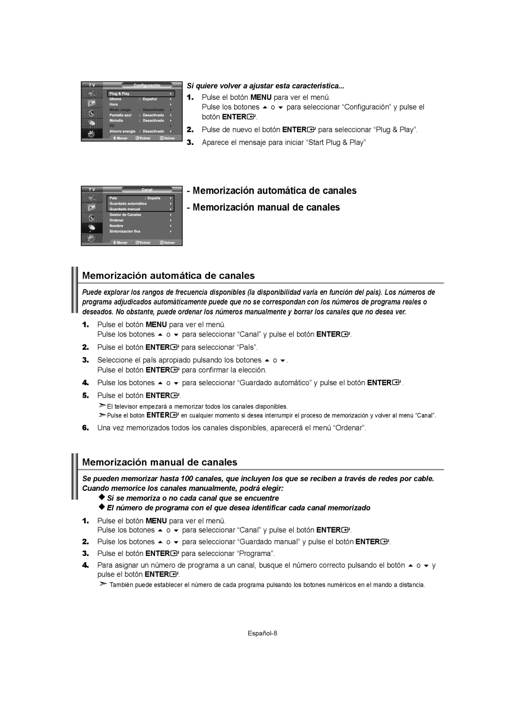 Samsung LE37S62, LE32S62, LE40S62 Memorización manual de canales, Memorización automática de canales 