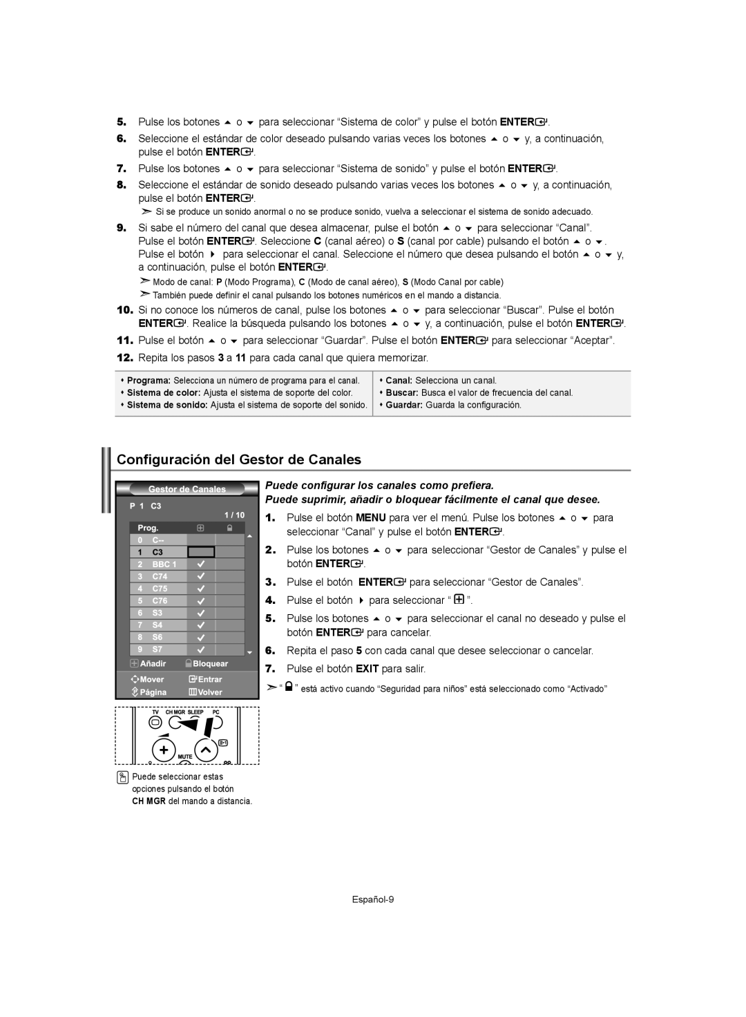 Samsung LE32S62, LE37S62, LE40S62 manual Configuración del Gestor de Canales 