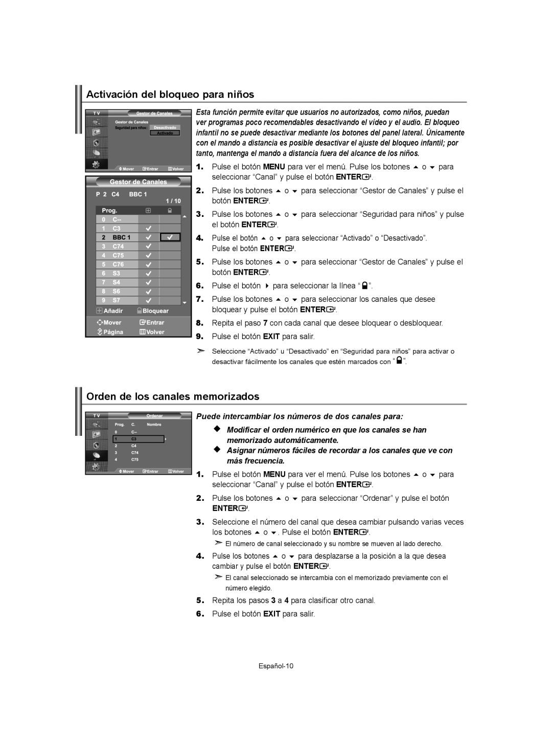 Samsung LE40S62 manual Activación del bloqueo para niños, Orden de los canales memorizados, Bloquear y pulse el botón Enter 