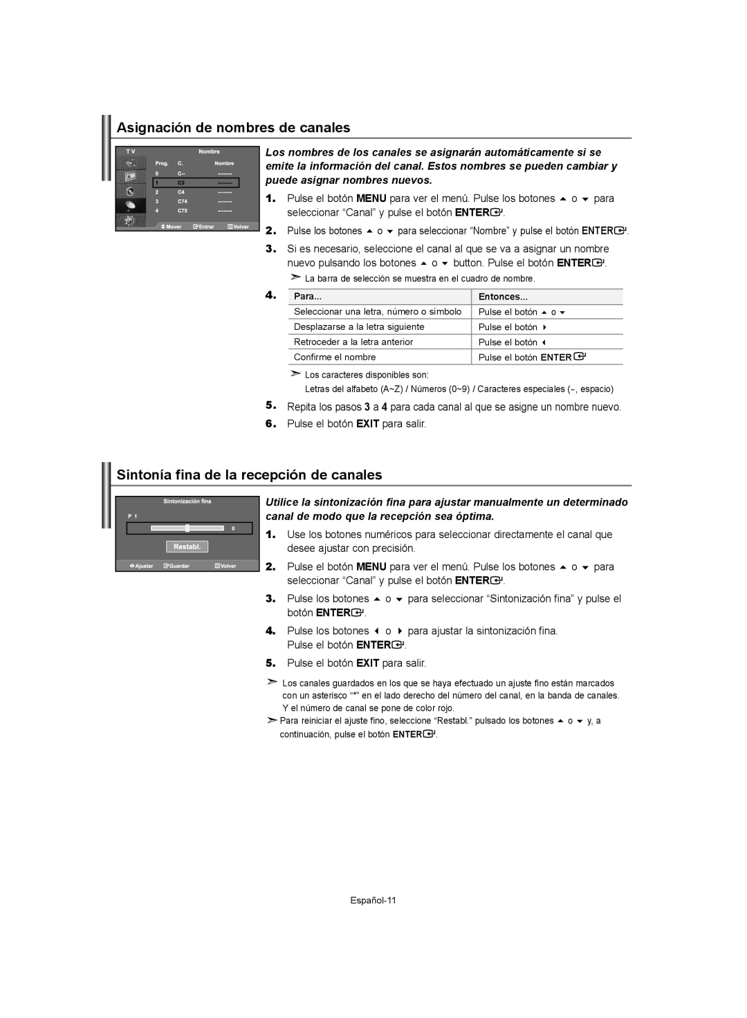 Samsung LE37S62 Asignación de nombres de canales, Sintonía fina de la recepción de canales, Desee ajustar con precisión 