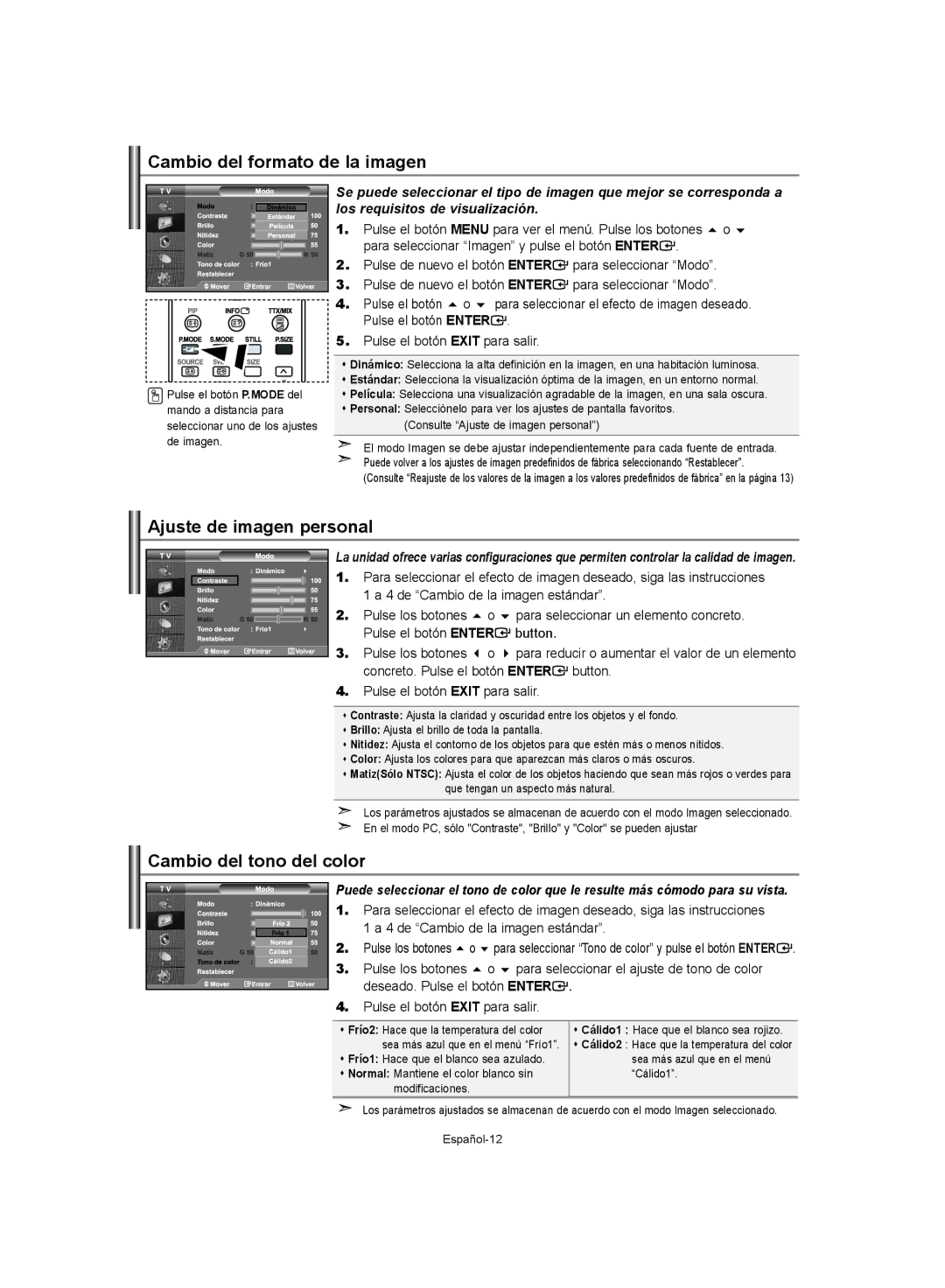 Samsung LE32S62, LE37S62, LE40S62 Cambio del formato de la imagen, Ajuste de imagen personal, Cambio del tono del color 