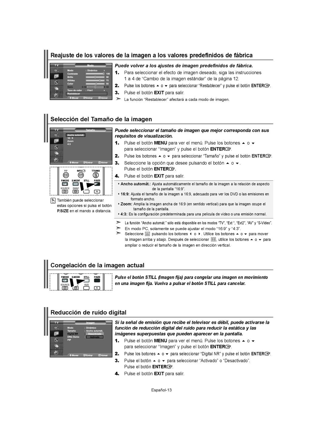 Samsung LE40S62, LE37S62 Selección del Tamaño de la imagen, Congelación de la imagen actual, Reducción de ruido digital 