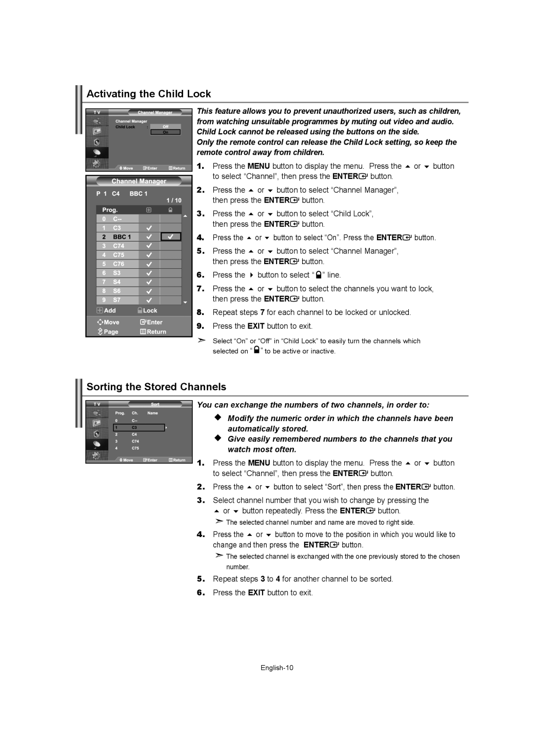 Samsung LE37S62, LE32S62, LE40S62 manual Activating the Child Lock, Sorting the Stored Channels, Line 