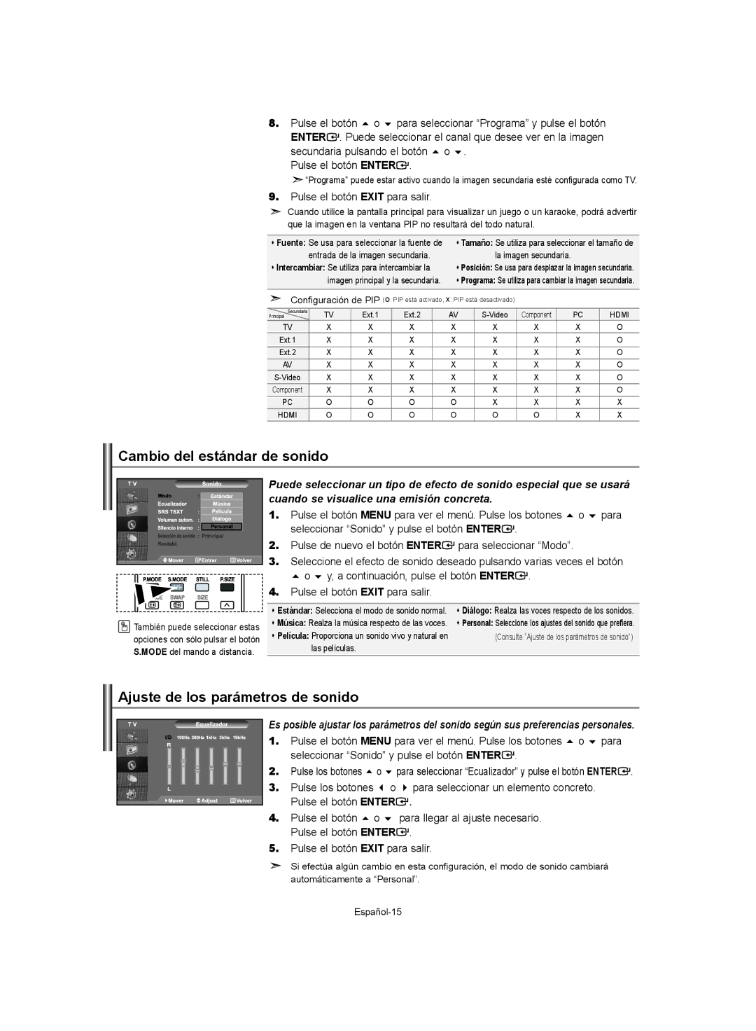 Samsung LE32S62, LE37S62, LE40S62 manual Cambio del estándar de sonido, Ajuste de los parámetros de sonido 