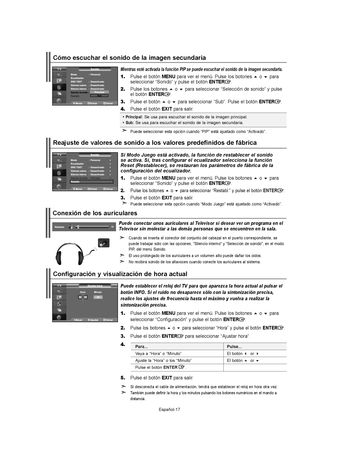 Samsung LE37S62 Cómo escuchar el sonido de la imagen secundaria, Conexión de los auriculares, El botón Enter, Para Pulse 