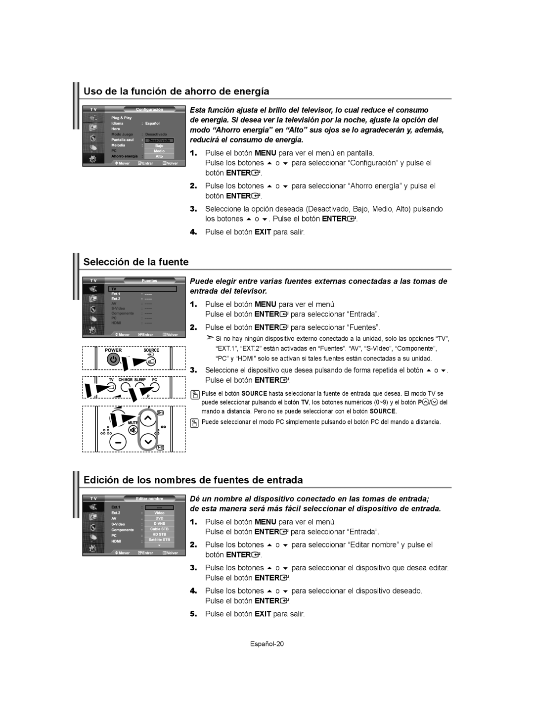 Samsung LE37S62, LE32S62, LE40S62 manual Uso de la función de ahorro de energía, Selección de la fuente 