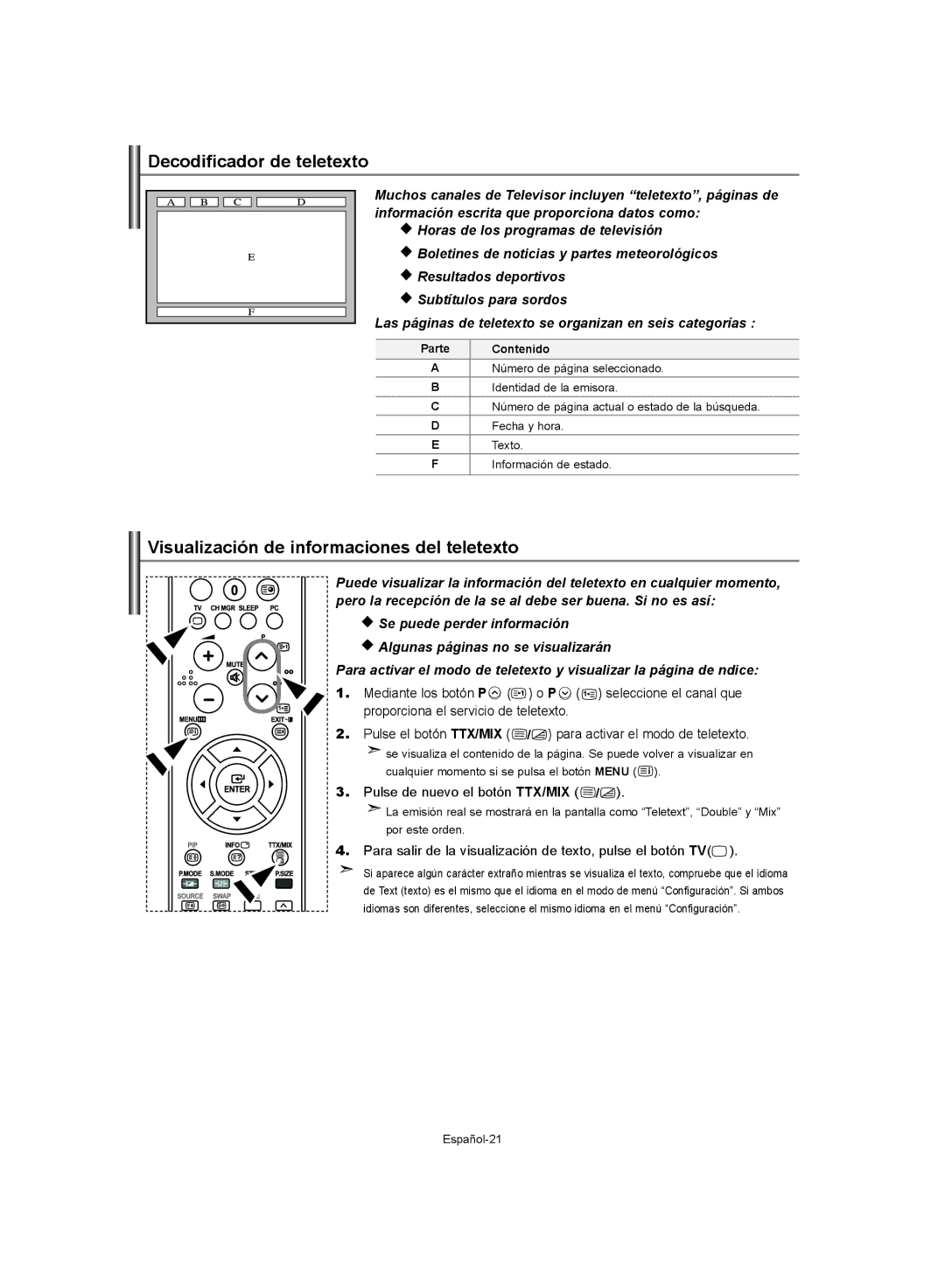 Samsung LE32S62 Decodificador de teletexto, Visualización de informaciones del teletexto, Pulse de nuevo el botón TTX/MIX 