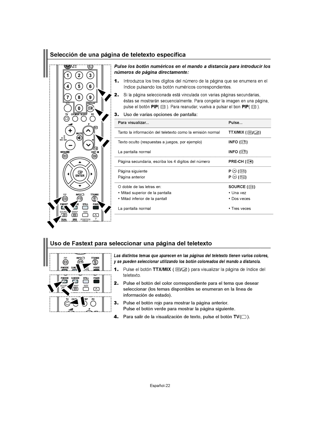 Samsung LE40S62 Selección de una página de teletexto específica, Uso de Fastext para seleccionar una página del teletexto 