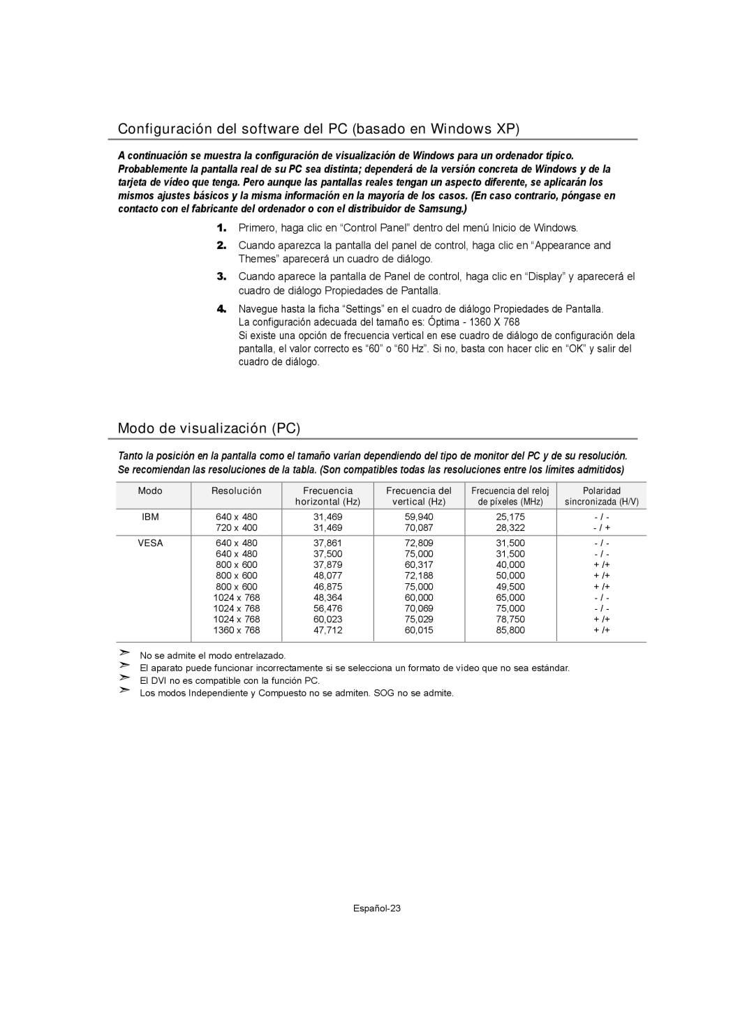 Samsung LE37S62, LE32S62, LE40S62 manual Configuración del software del PC basado en Windows XP, Modo de visualización PC 