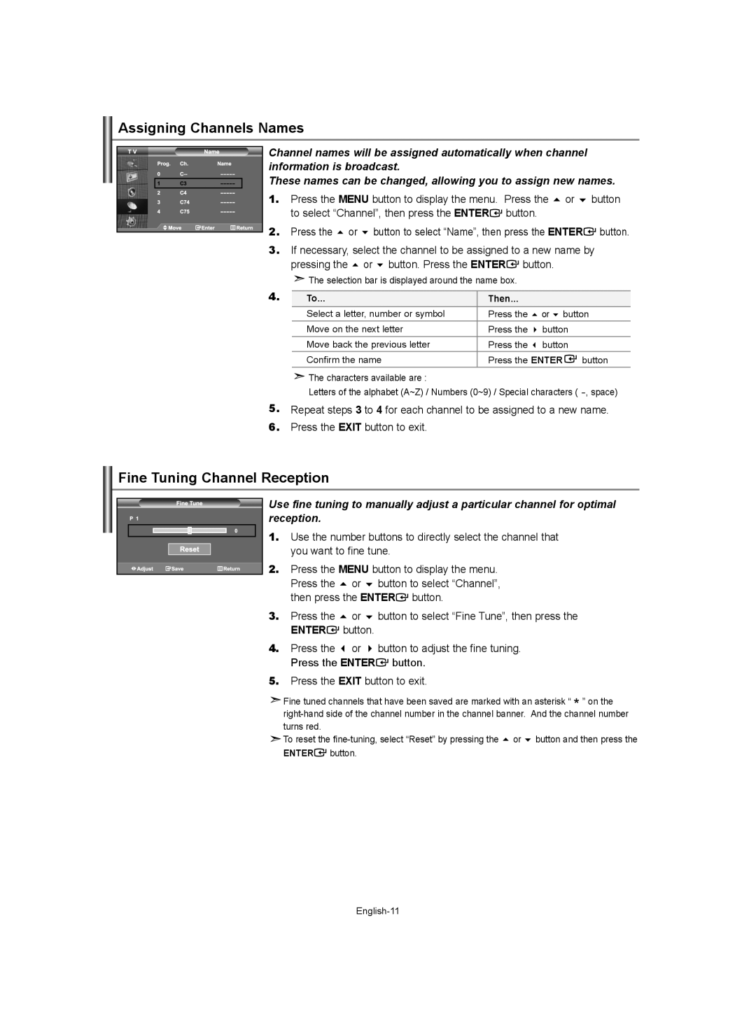 Samsung LE32S62, LE37S62, LE40S62 manual Assigning Channels Names, Fine Tuning Channel Reception, Then 