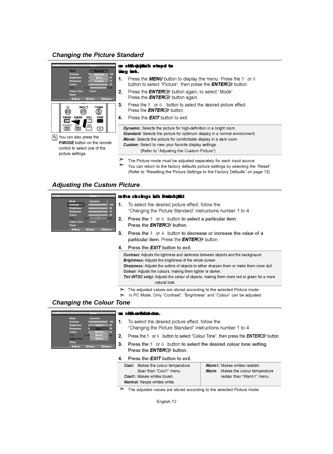 Samsung LE40S62, LE37S62, LE32S62 Changing the Picture Standard, Adjusting the Custom Picture, Changing the Colour Tone 