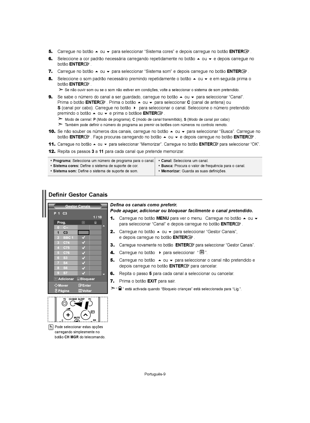 Samsung LE37S62, LE32S62, LE40S62 manual Definir Gestor Canais 