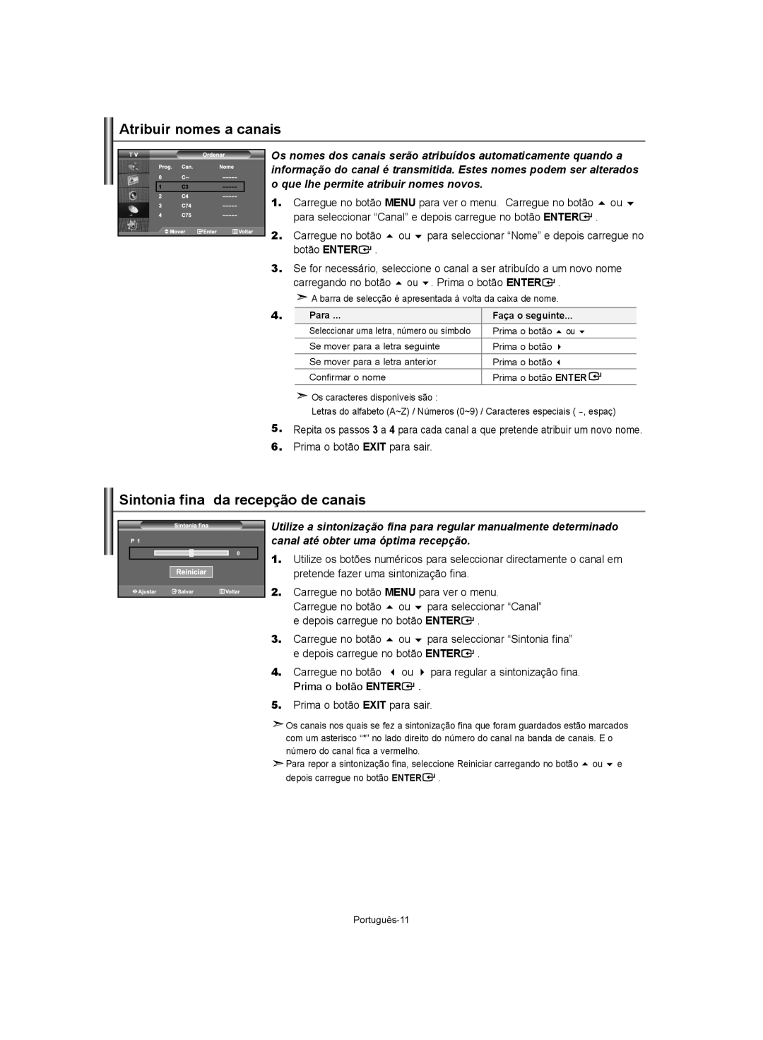 Samsung LE40S62, LE37S62, LE32S62 manual Atribuir nomes a canais, Sintonia fina da recepção de canais 