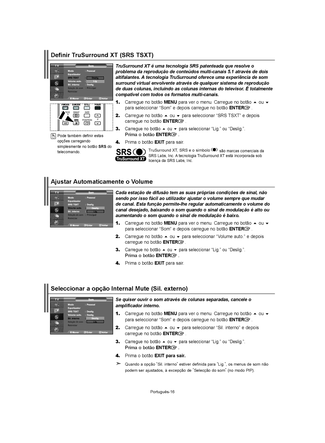 Samsung LE32S62, LE37S62, LE40S62 manual Definir TruSurround XT SRS Tsxt, Ajustar Automaticamente o Volume 