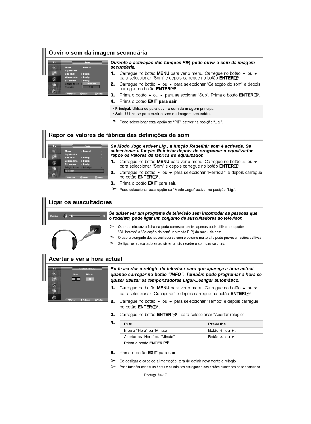 Samsung LE40S62, LE37S62 Ouvir o som da imagem secundária, Repor os valores de fábrica das definições de som, Para Press 