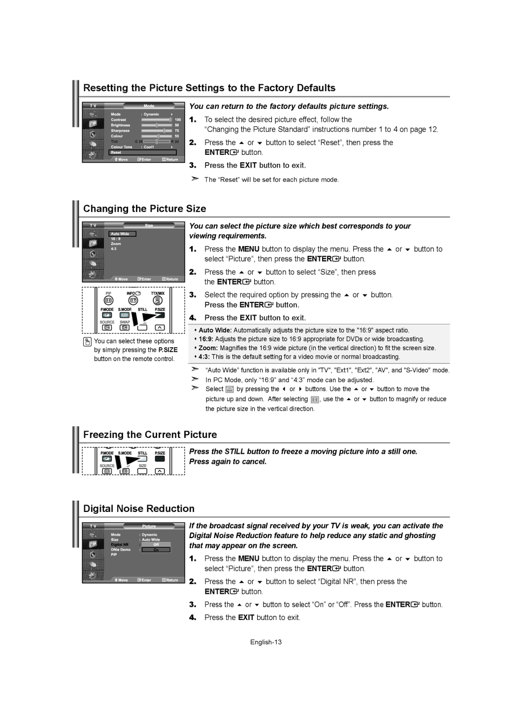 Samsung LE37S62 Resetting the Picture Settings to the Factory Defaults, Changing the Picture Size, Digital Noise Reduction 