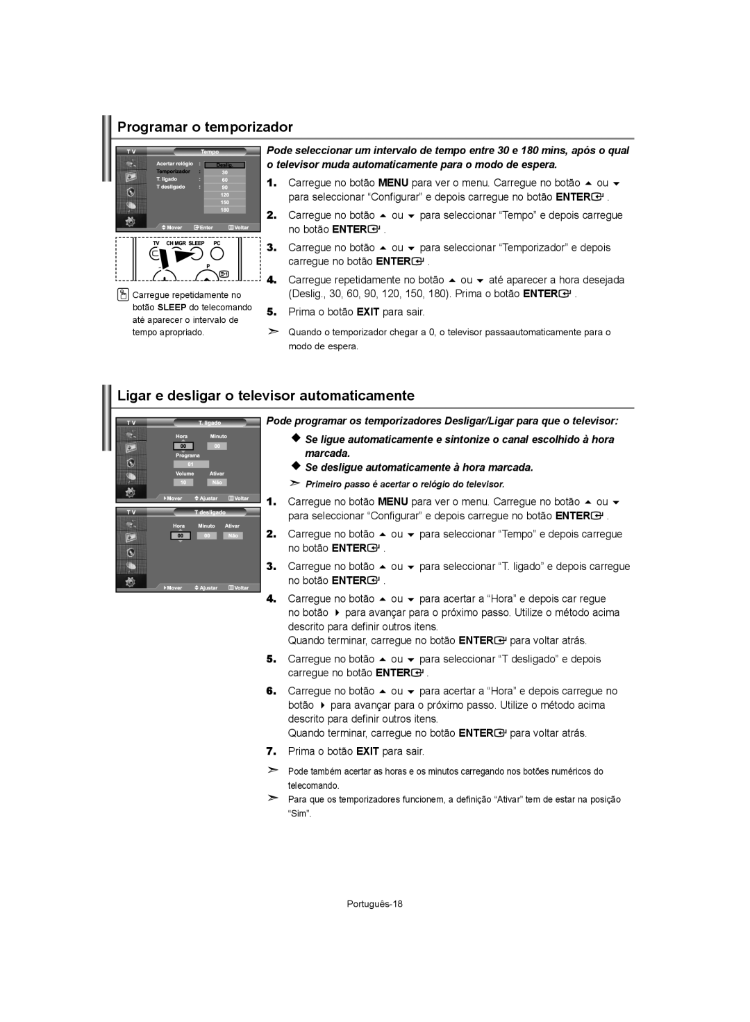 Samsung LE37S62, LE32S62, LE40S62 manual Programar o temporizador, Ligar e desligar o televisor automaticamente 