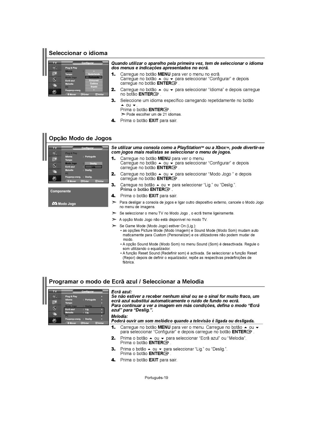 Samsung LE32S62, LE37S62 Seleccionar o idioma, Opção Modo de Jogos, Programar o modo de Ecrã azul / Seleccionar a Melodia 