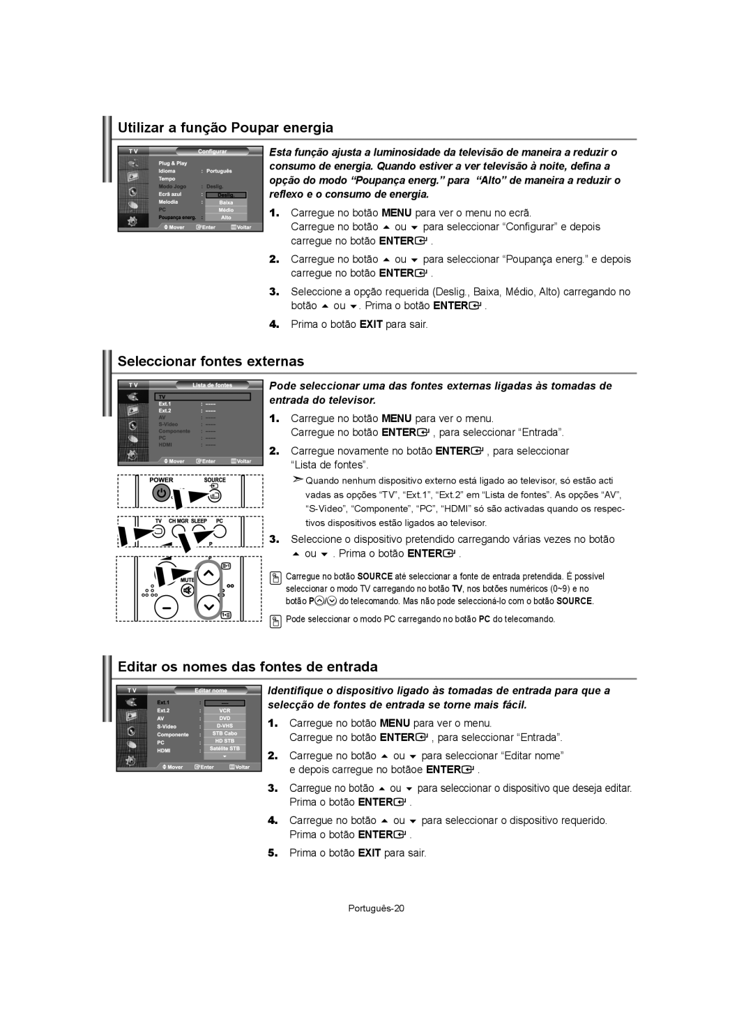 Samsung LE40S62 manual Utilizar a função Poupar energia, Seleccionar fontes externas, Editar os nomes das fontes de entrada 