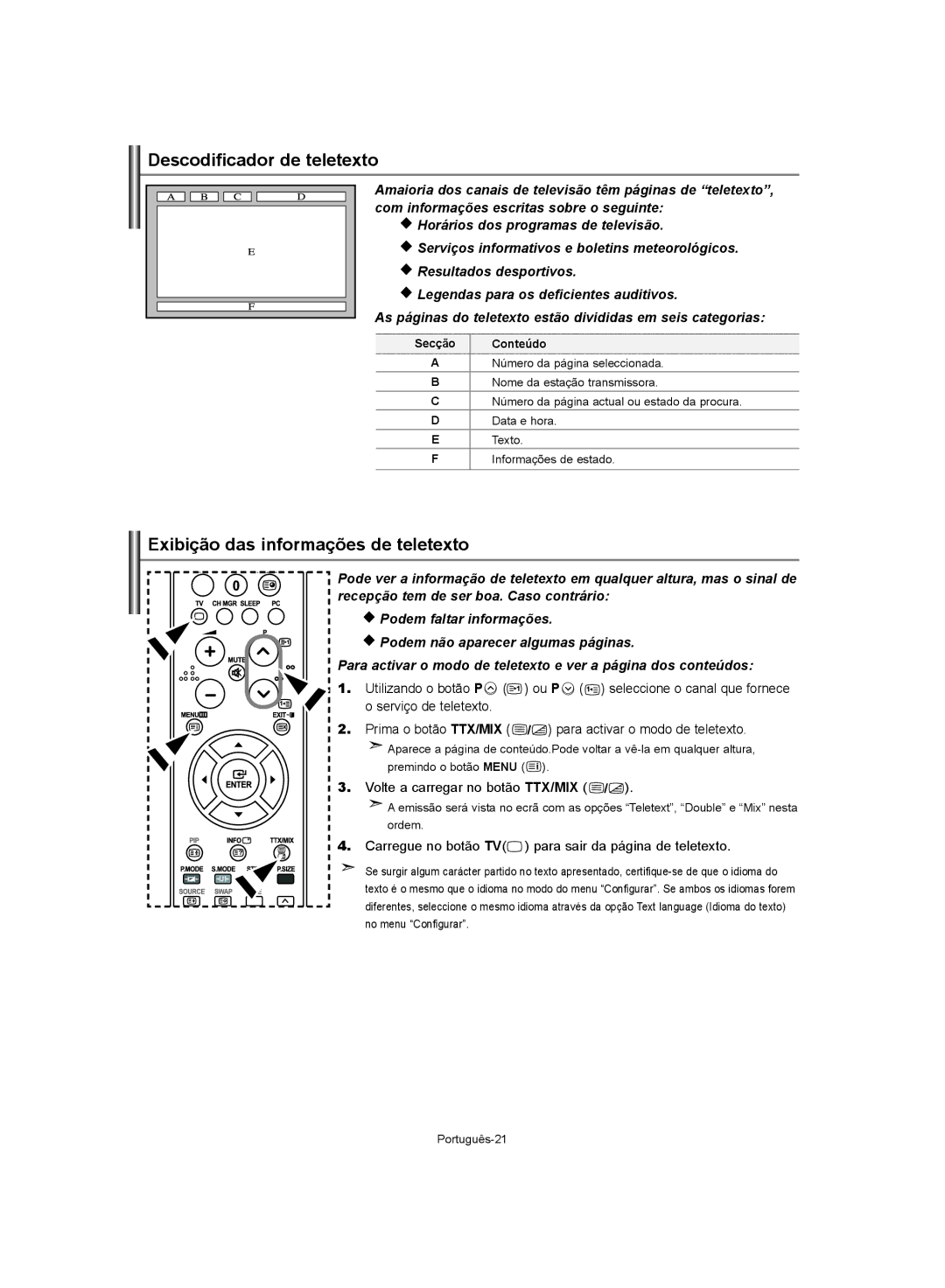 Samsung LE37S62 Descodificador de teletexto, Exibição das informações de teletexto, Volte a carregar no botão TTX/MIX 