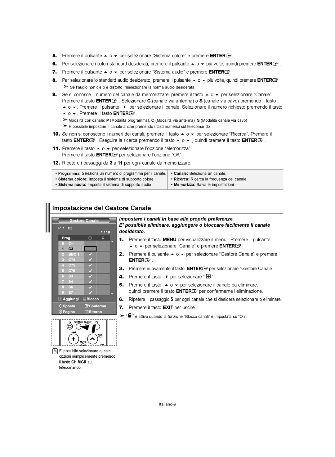 Samsung LE40S62, LE37S62, LE32S62 manual Impostazione del Gestore Canale, Premere il tasto Exit per uscire 