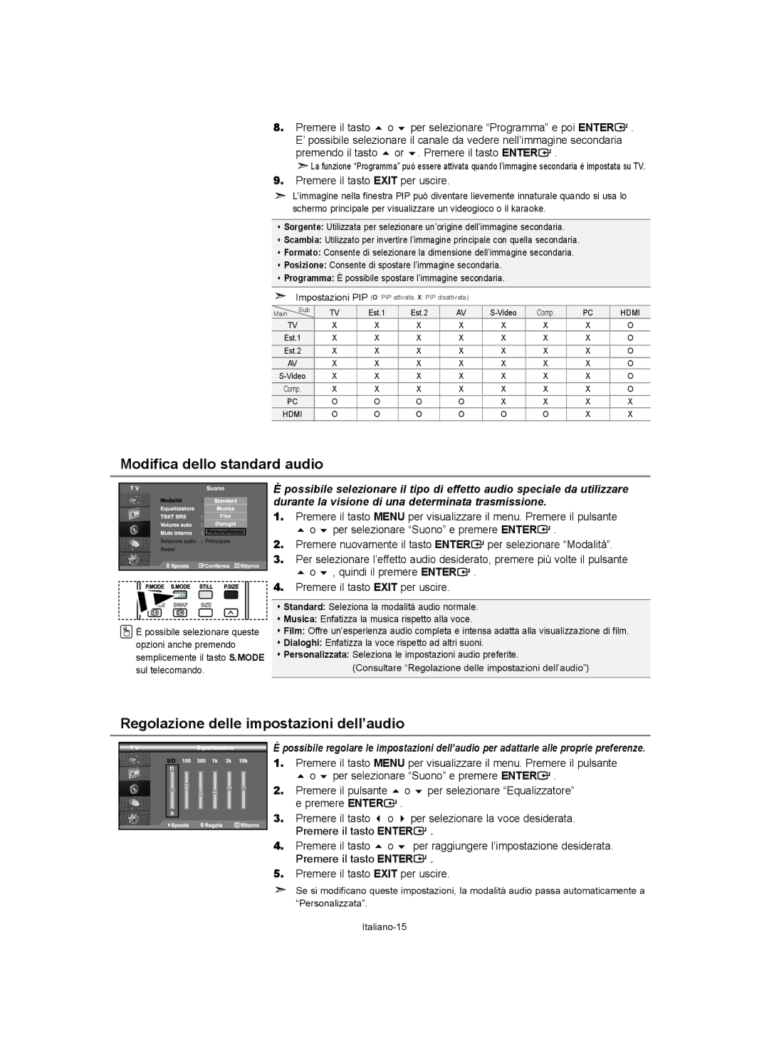 Samsung LE40S62, LE37S62, LE32S62 manual Modifica dello standard audio, Regolazione delle impostazioni dell’audio 