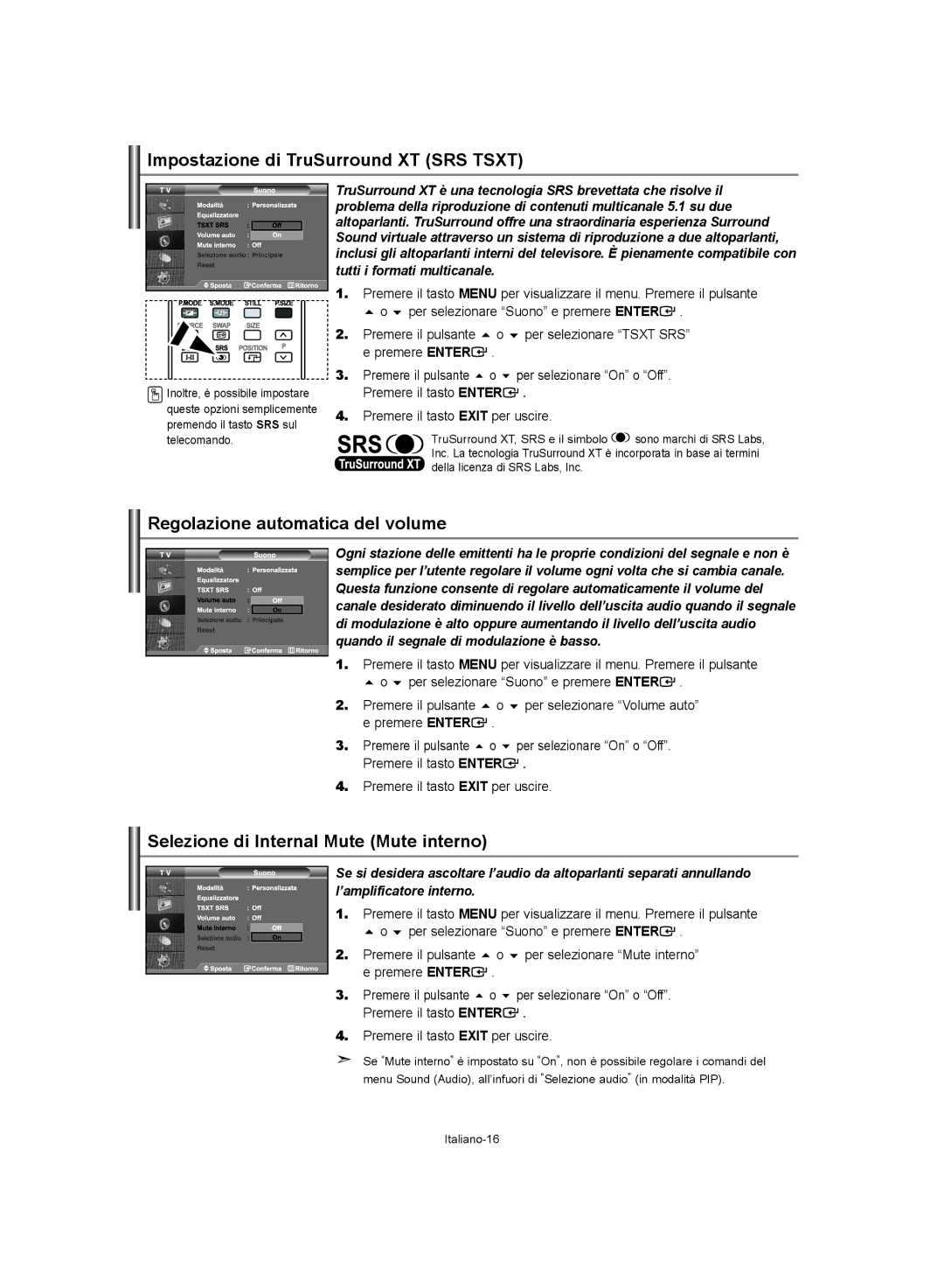 Samsung LE37S62, LE32S62, LE40S62 manual Impostazione di TruSurround XT SRS Tsxt, Regolazione automatica del volume 