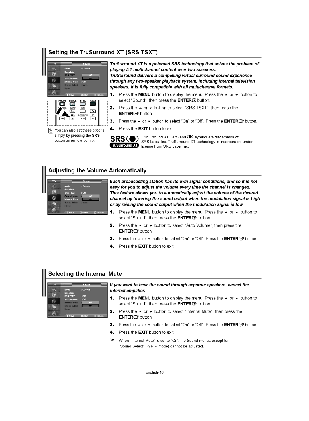 Samsung LE37S62 manual Setting the TruSurround XT SRS Tsxt, Adjusting the Volume Automatically, Selecting the Internal Mute 