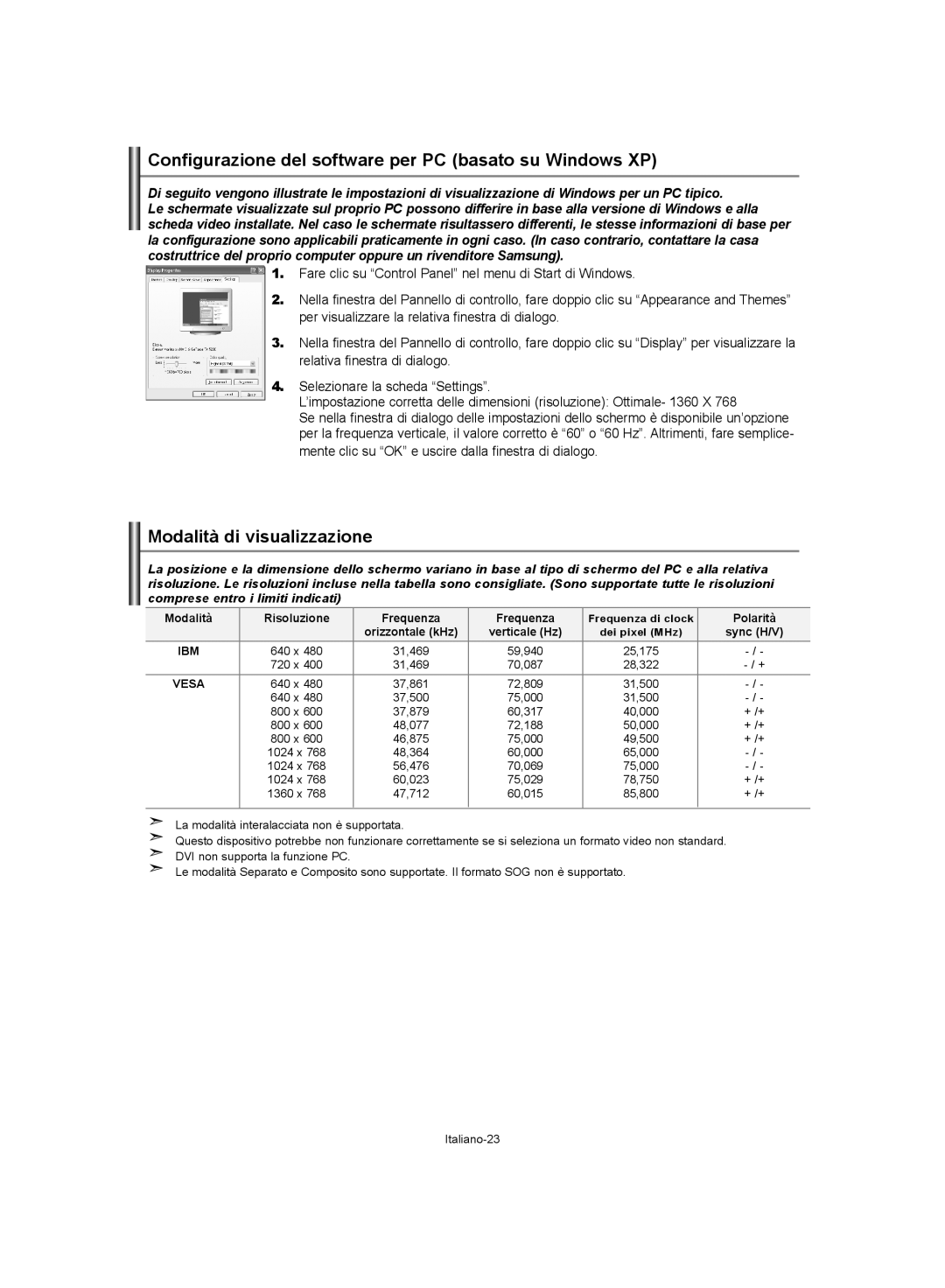 Samsung LE32S62, LE37S62, LE40S62 manual Configurazione del software per PC basato su Windows XP, Modalità di visualizzazione 