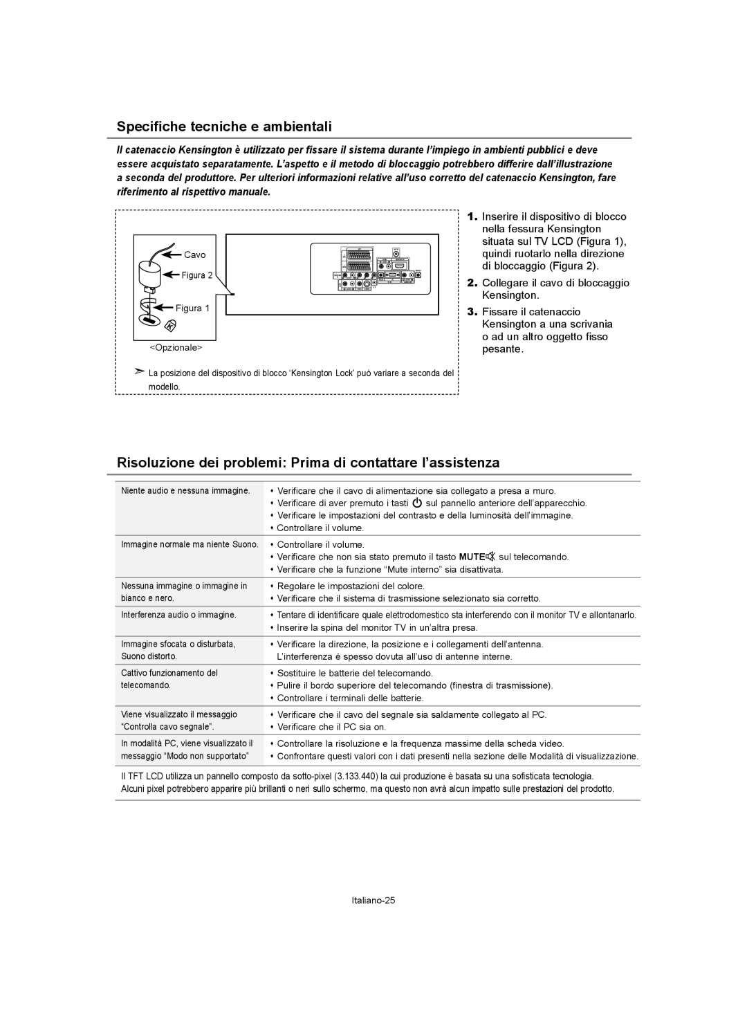 Samsung LE37S62, LE32S62 manual Specifiche tecniche e ambientali, Risoluzione dei problemi Prima di contattare l’assistenza 