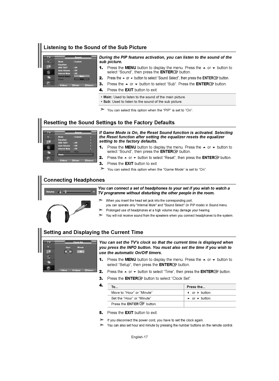 Samsung LE32S62 Listening to the Sound of the Sub Picture, Resetting the Sound Settings to the Factory Defaults, Press 