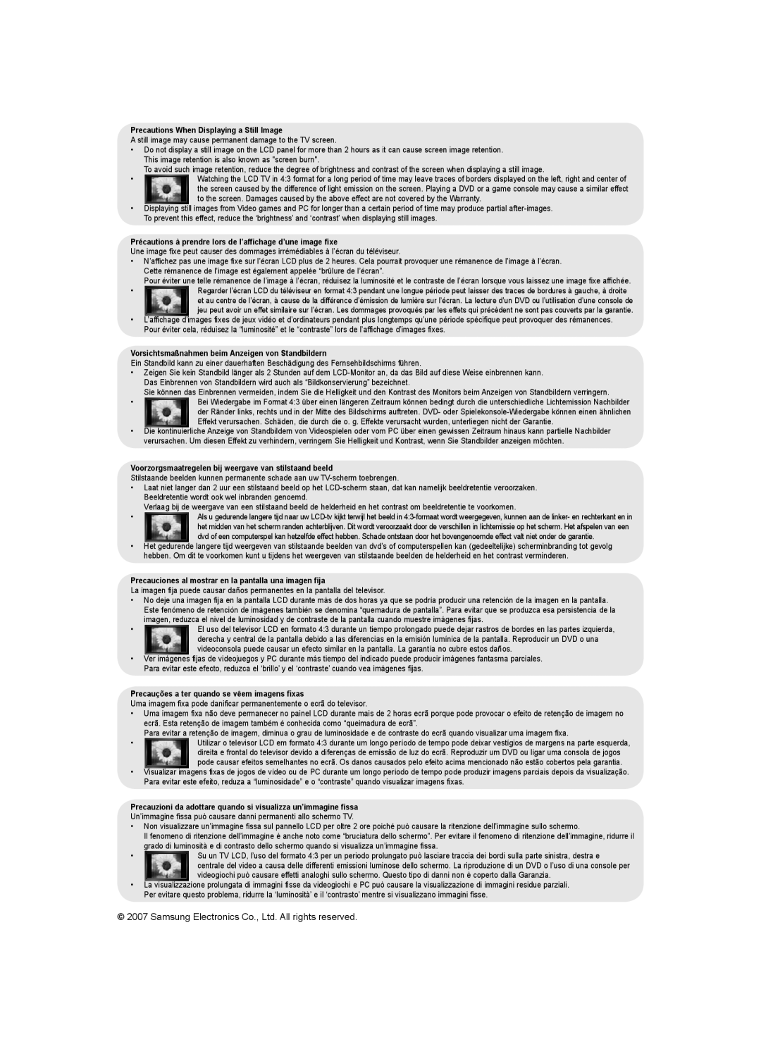 Samsung LE40S62, LE37S62, LE32S62 manual Precautions When Displaying a Still Image 