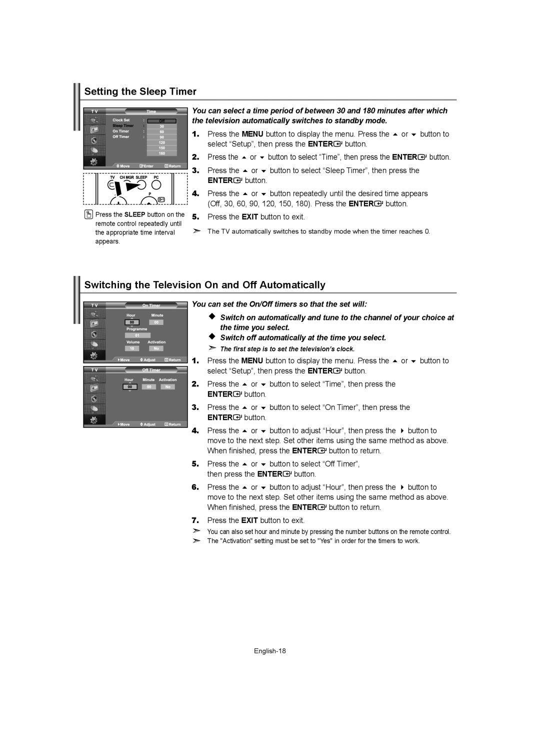 Samsung LE40S62, LE37S62, LE32S62 manual Setting the Sleep Timer, Switching the Television On and Off Automatically 