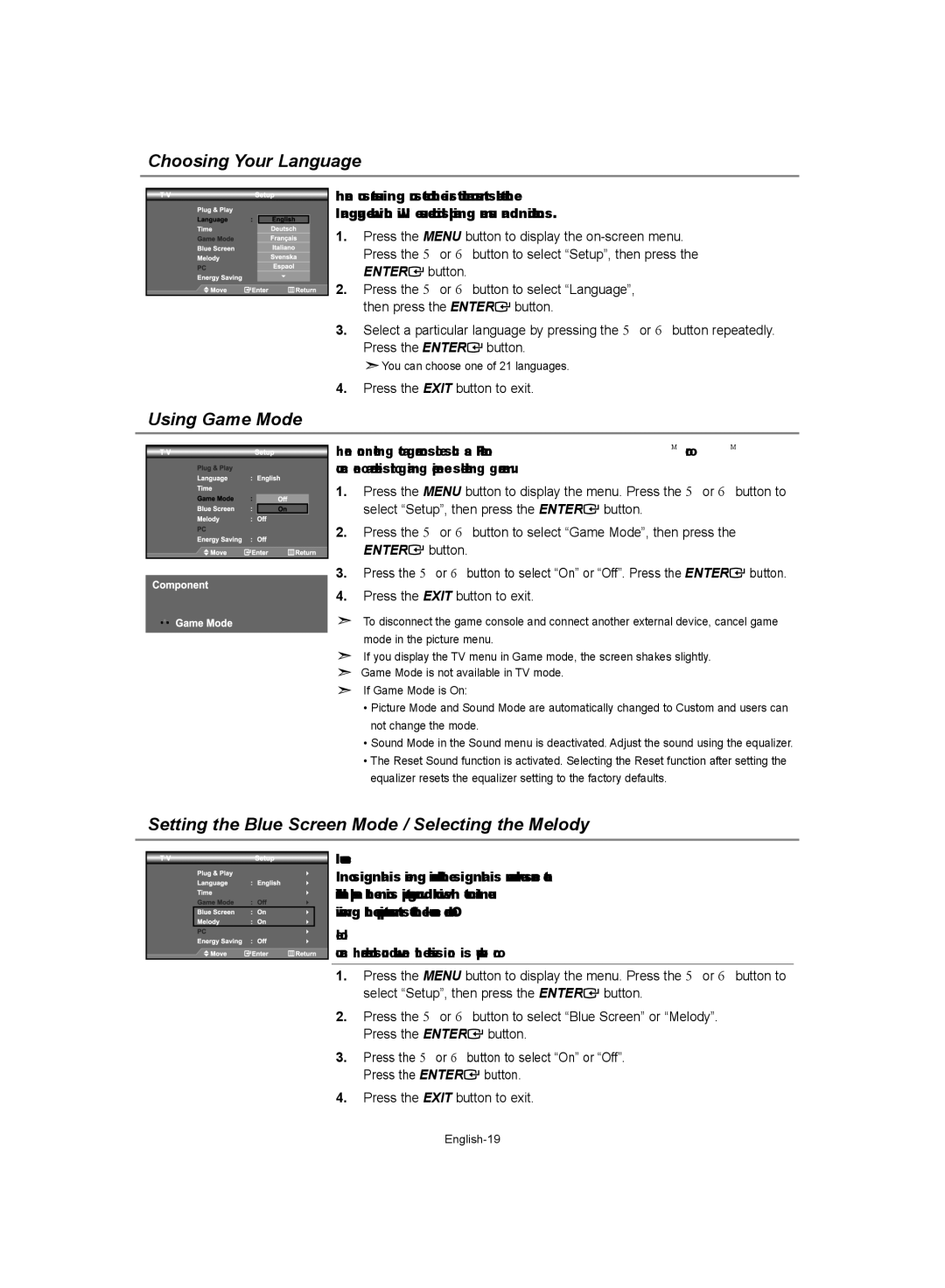 Samsung LE37S62, LE32S62 manual Choosing Your Language, Using Game Mode, Setting the Blue Screen Mode / Selecting the Melody 